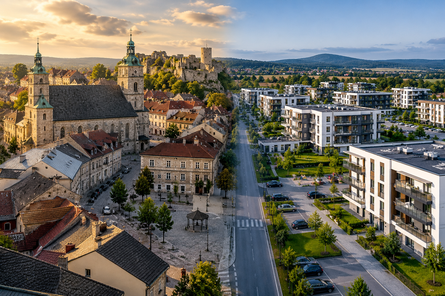 Stare miasto i nowoczesne osiedle stare miasto a nowoczesne osiedle, rynek pierwotny i wtórny, stare i nowe budownictwo